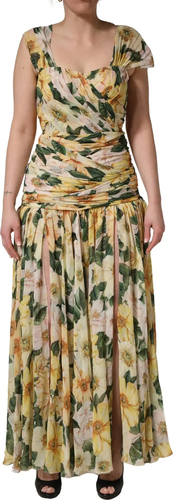 Yellow Silk Floral Print Pleated Maxi Dress