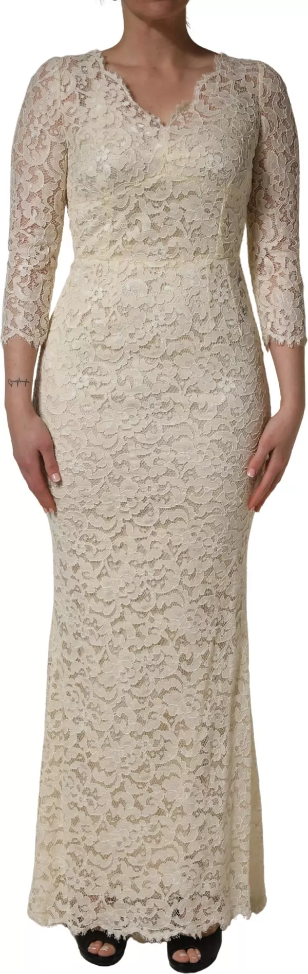 Off White Floral Lace Sheath Maxi Dress