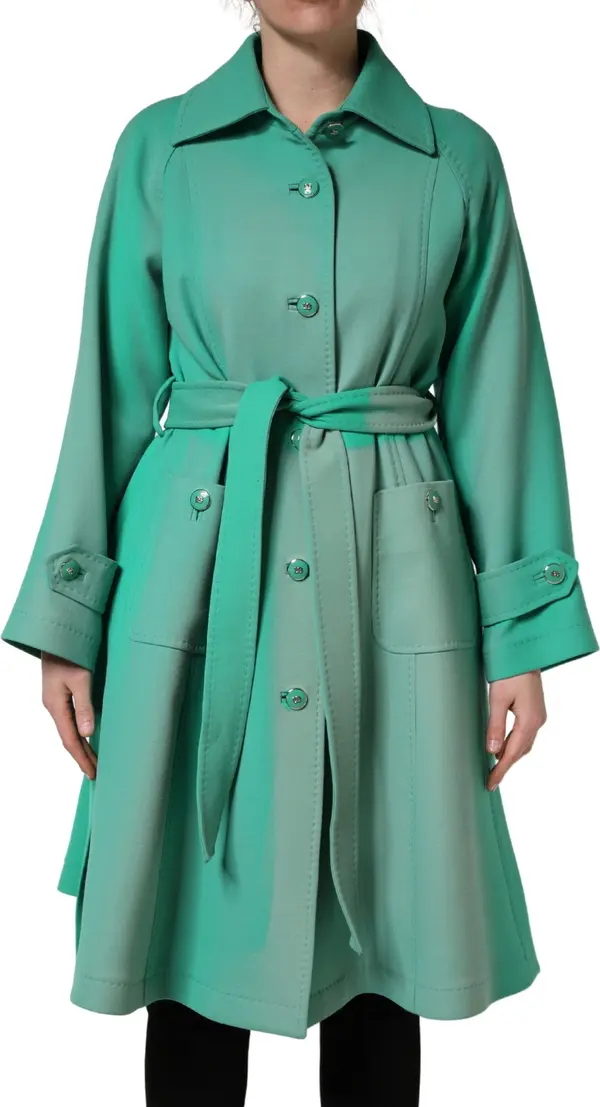 Green Buttoned Down Belt Trench Coat Jacket