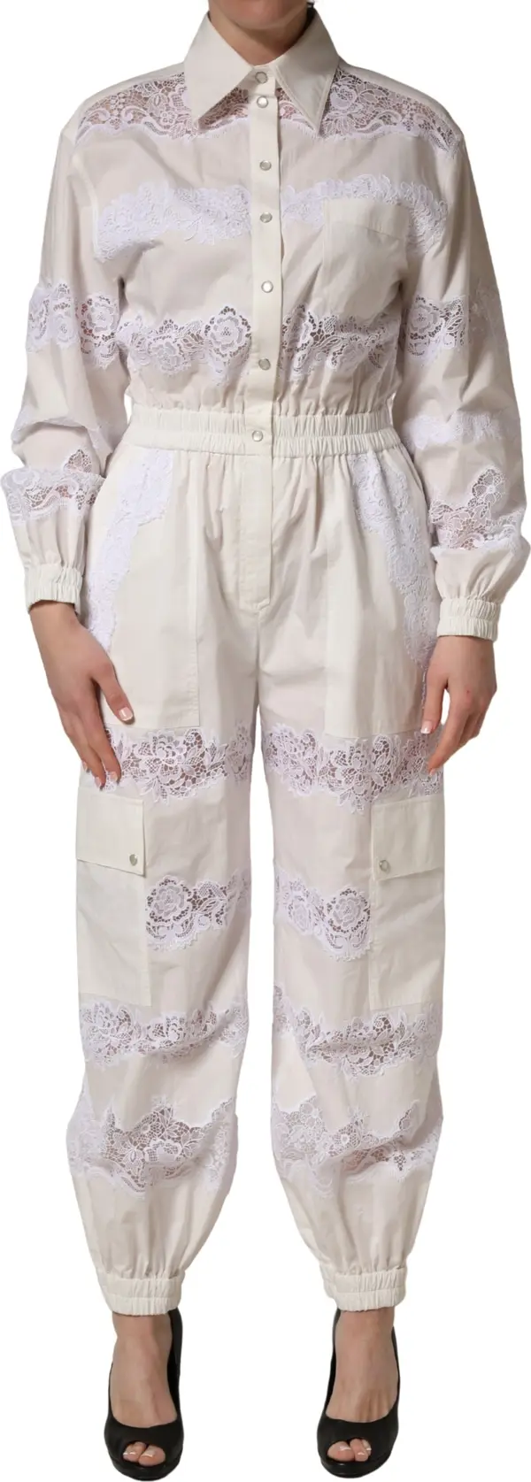 White Cotton Lace Trim Long Sleeves Jumpsuit
