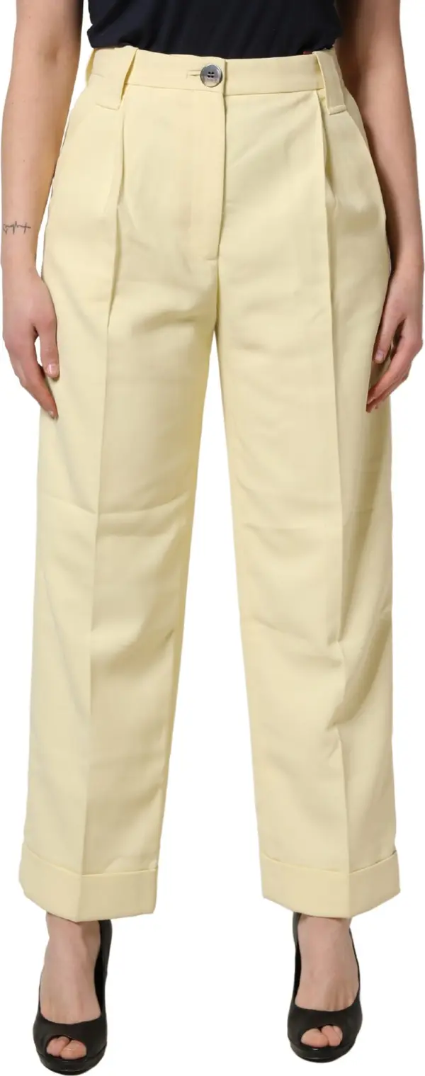 Yellow High Waisted Straight Pleated Trouser Pants