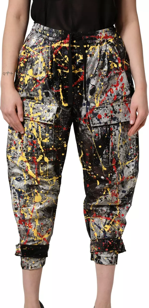 Black ColorSplash Effect Cargo Cropped Pants