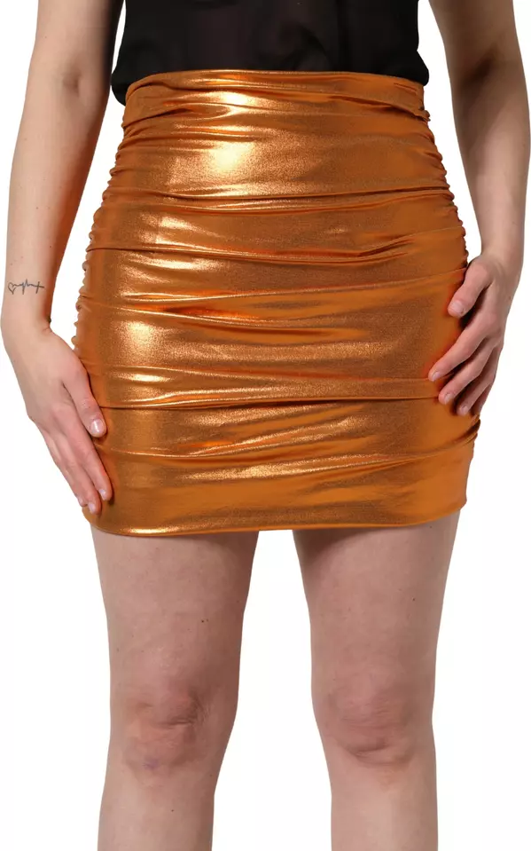 Metallic Orange Ruched Lame Bodycon Mini Skirt