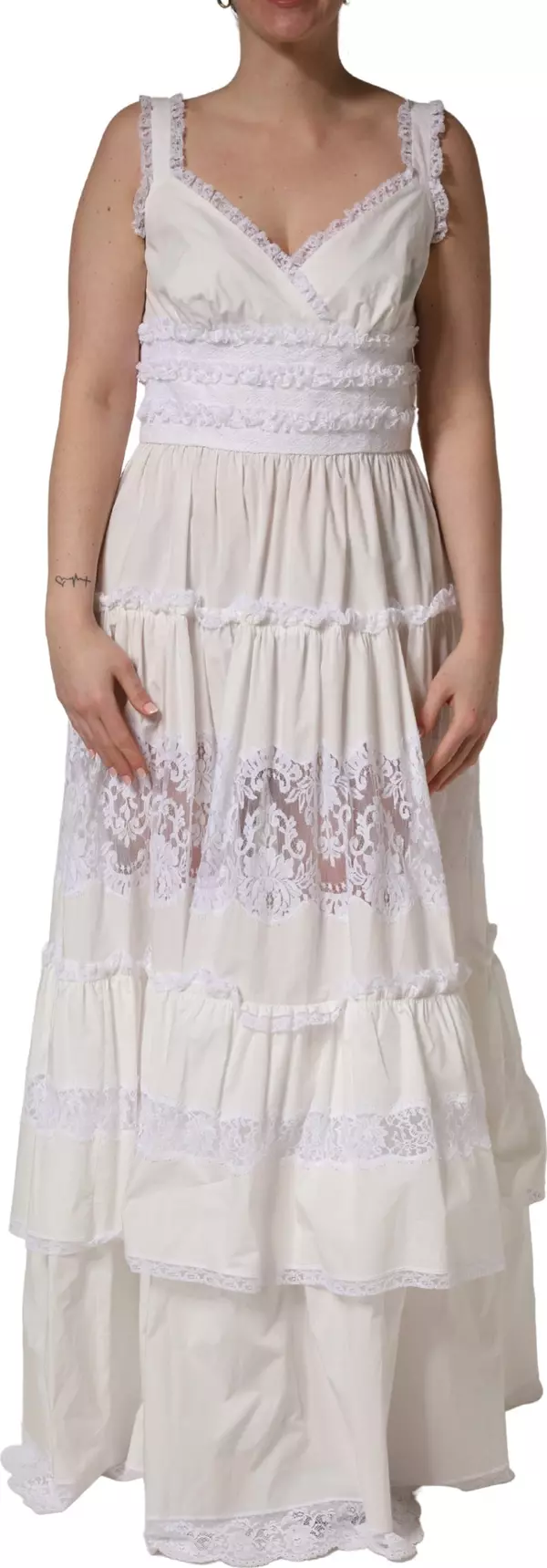 White Cotton Sleeveless Lace Maxi Dress