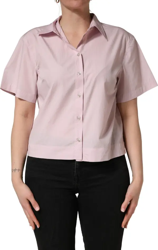 LightPink Cotton Collared Buttoned Blouse Top