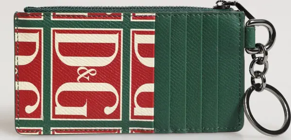 Green Calf Leather Logo Print Monogram Card Holder Wallet