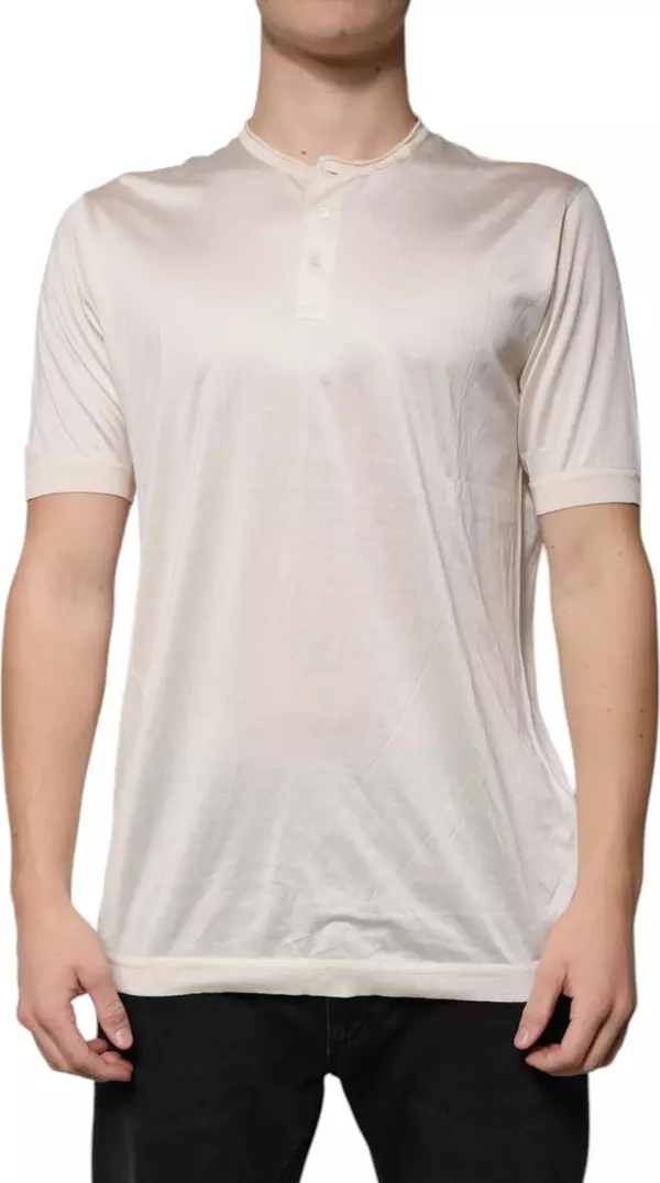 Off White Silk Henley Short Sleeves T-shirt