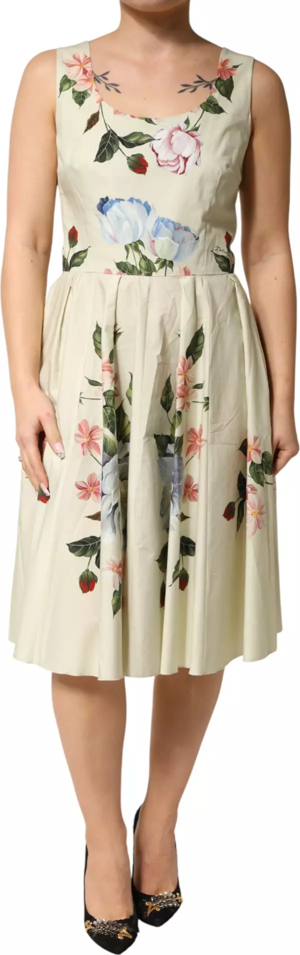 Beige Floral Sleeveless A-line Midi Dress