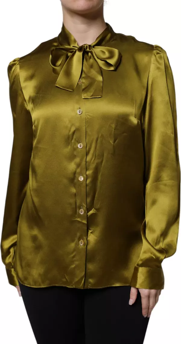 Green Satin Long Sleeve Ascot Tie Shirt Top