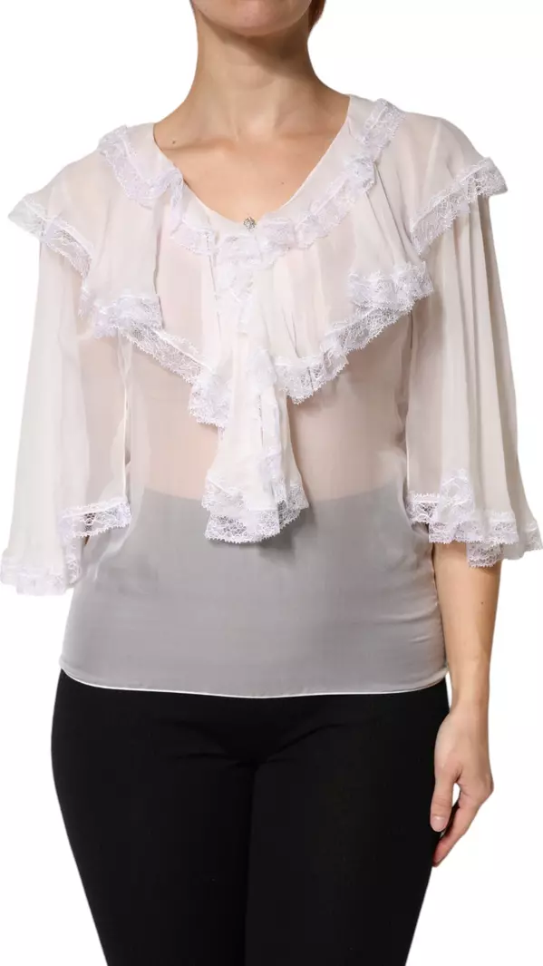 White LongSleeve Lace Trim Ruffled Blouse Top