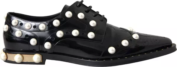 Black Leather Faux Pearl Dress Brogue Shoes