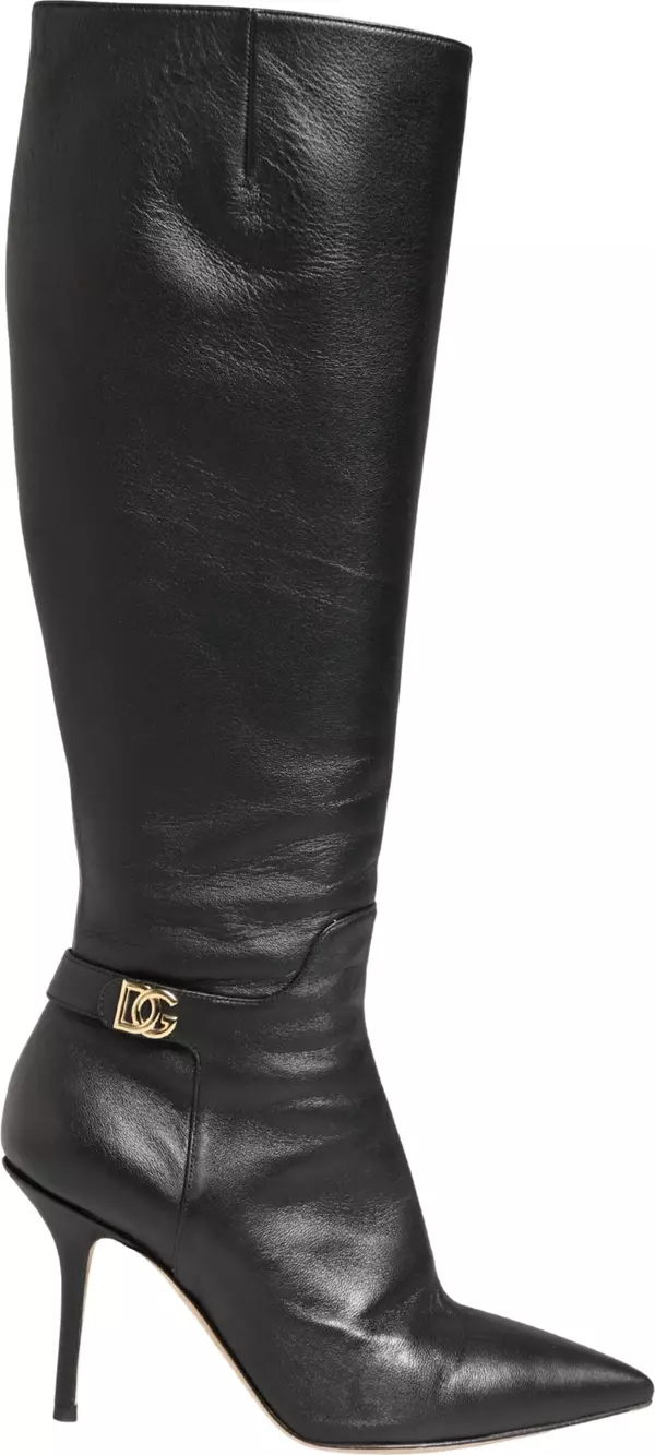 Black Leather Heels Knee High Boots Shoes