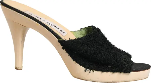 Black Fabric Fur Mule Wood Platform Heel Shoes