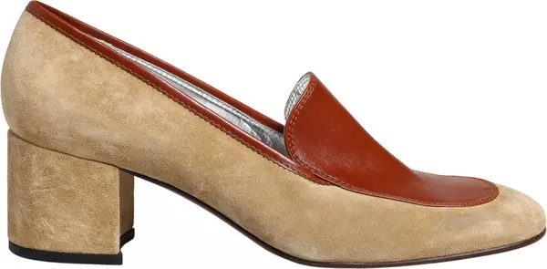 Beige Leather Suede Block Heel Loafers Shoes
