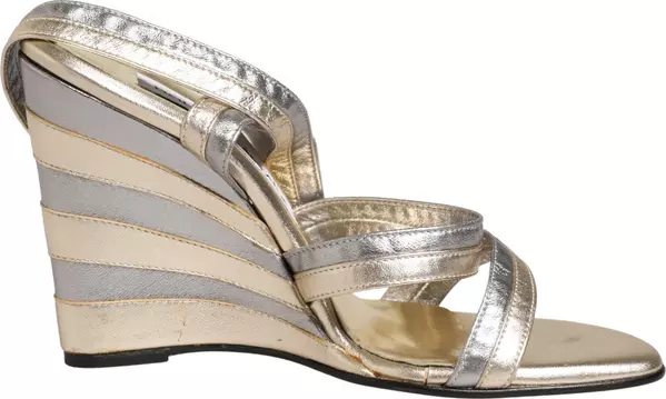 Gold Silver Leather Wedge Heels Sandals Shoes