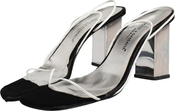 Silver Black Leather Block Heels Sandals Shoes