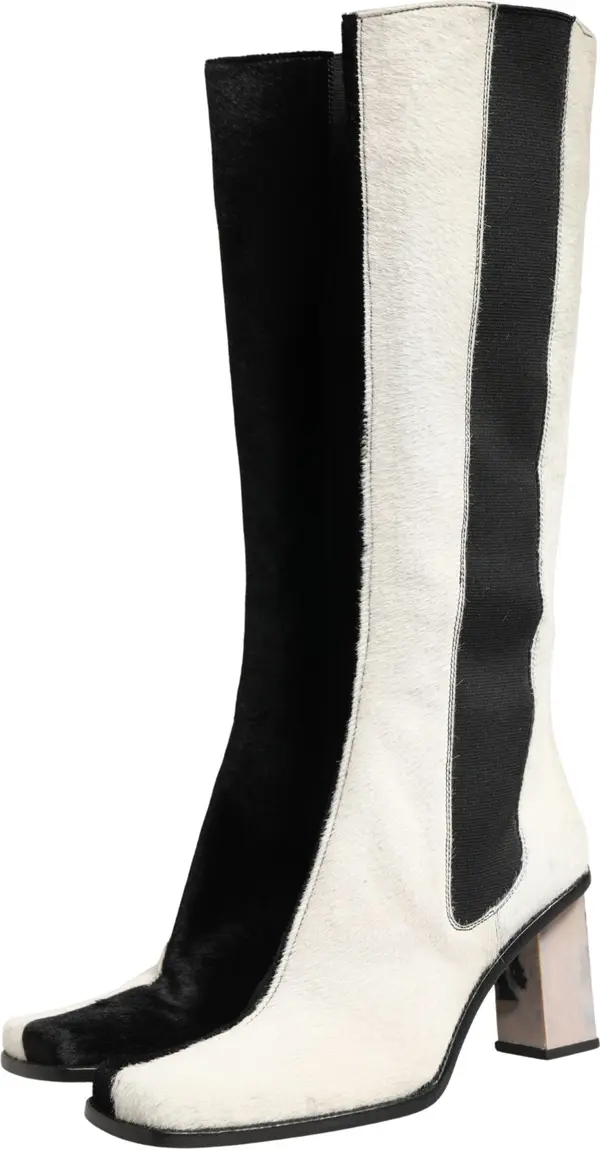 White Black Leather Knee High Boots Shoes