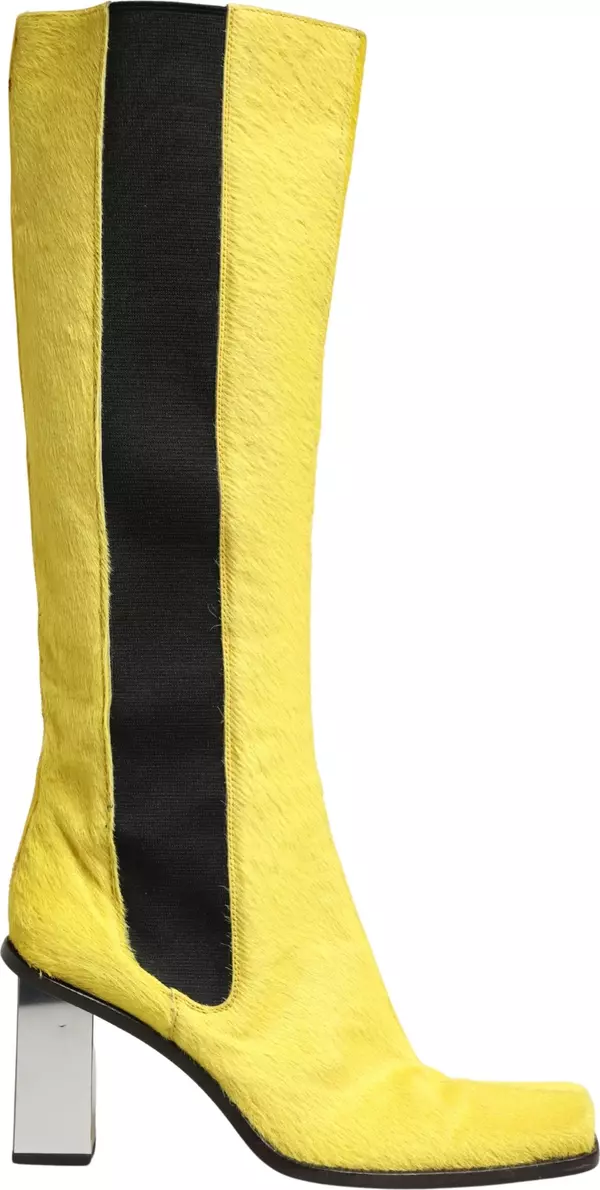 Yellow Black Leather Knee High Boots Shoes