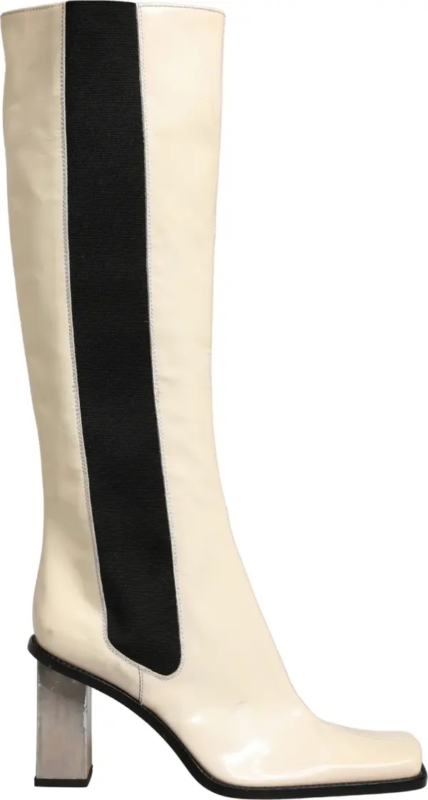White Black Leather Knee High Boots Shoes