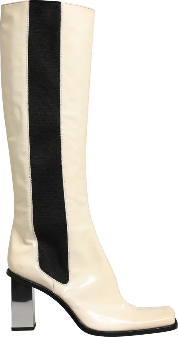 White Black Leather Knee High Boots Shoes
