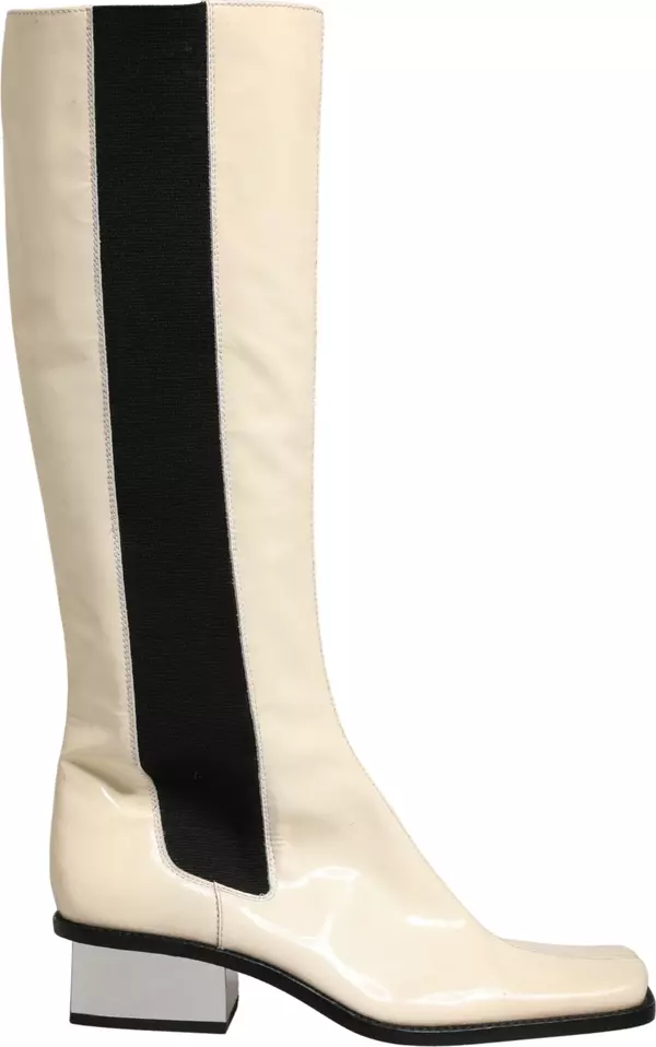 White Black Leather Knee High Boots Shoes
