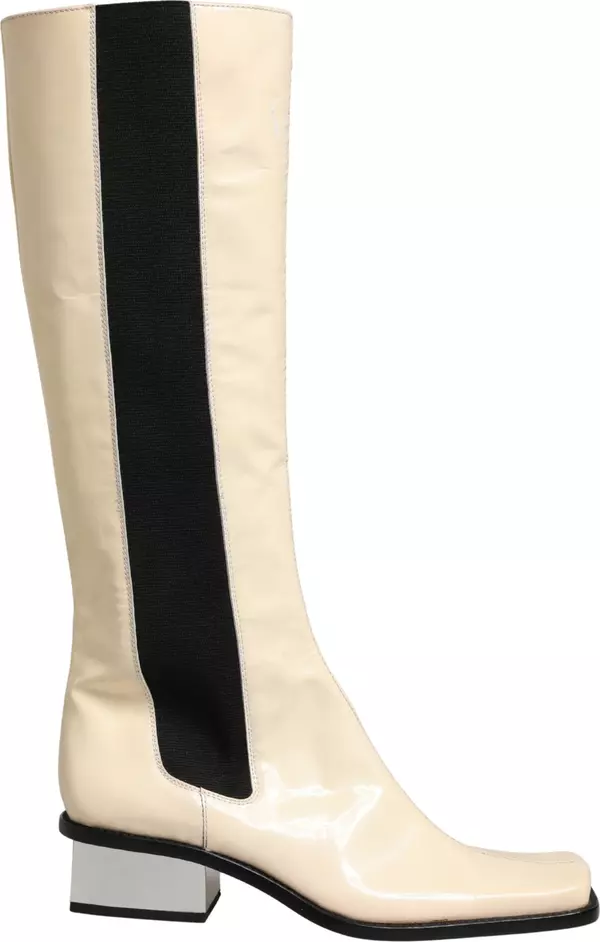 White Black Leather Knee High Boots Shoes