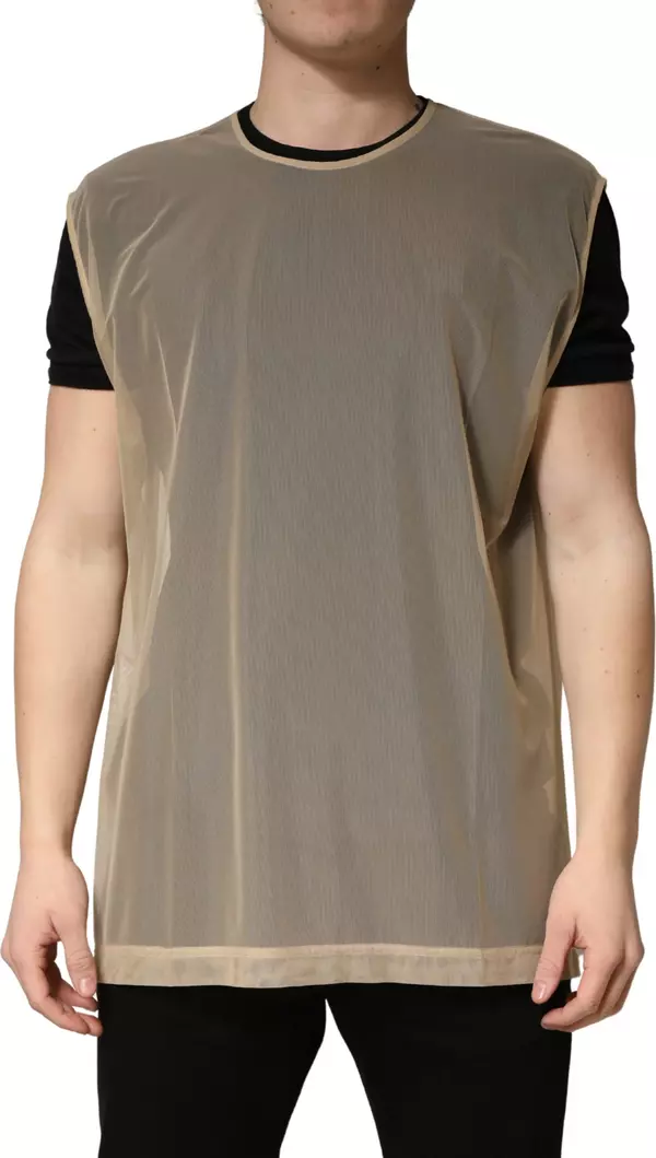 Beige Crew Neck Sleeveless Mesh Top T-shirt
