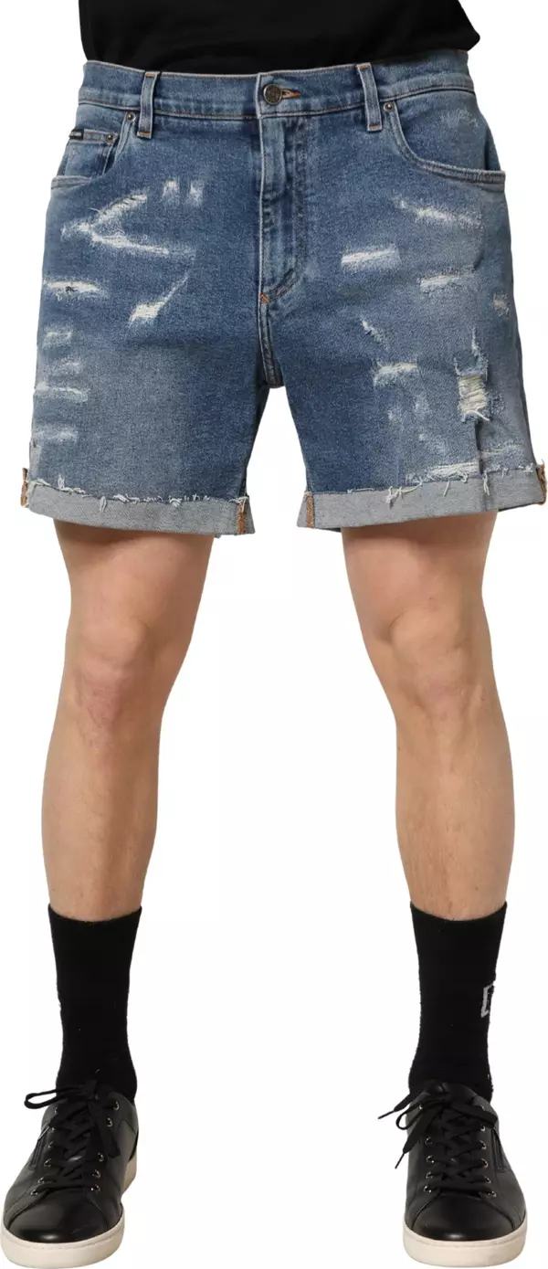 Blue Cotton Distressed Denim Bermuda Shorts