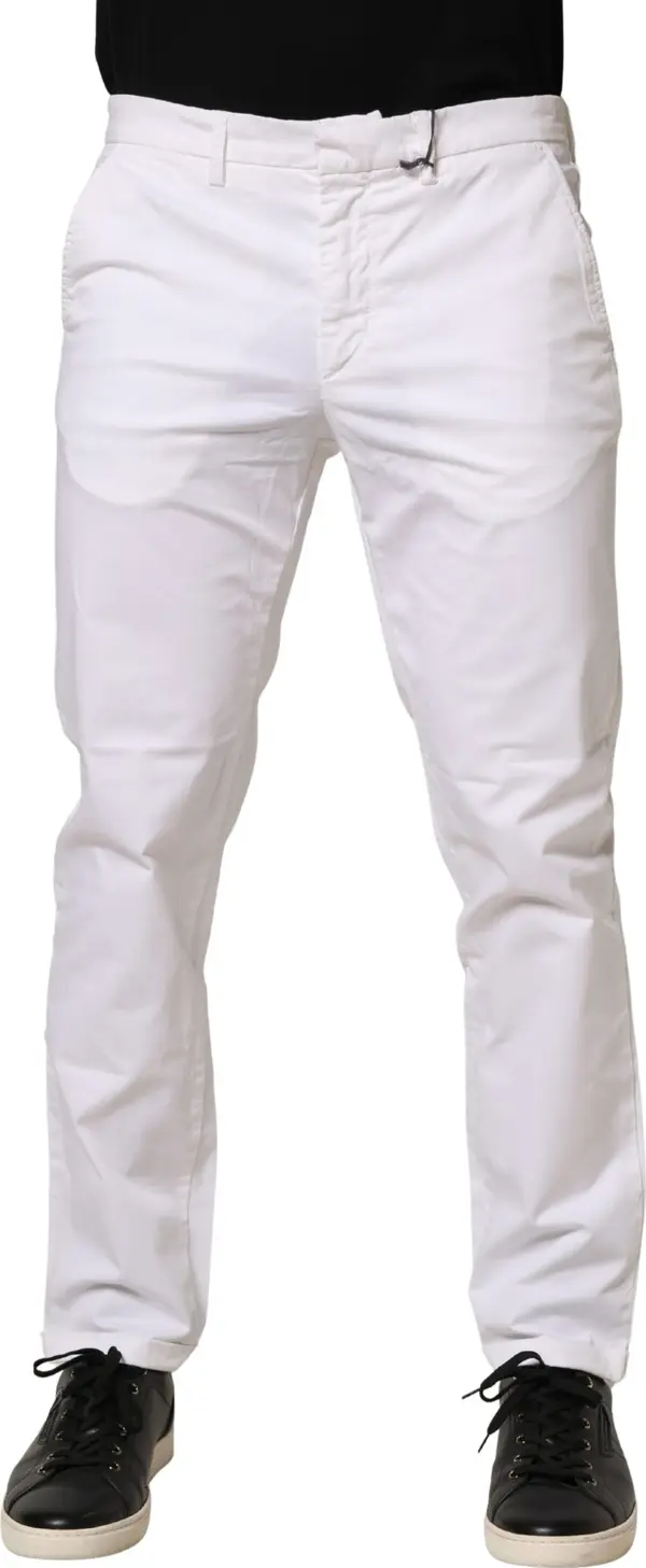 White Mid Waist Cotton Stretch Casual Men Trouser Pants