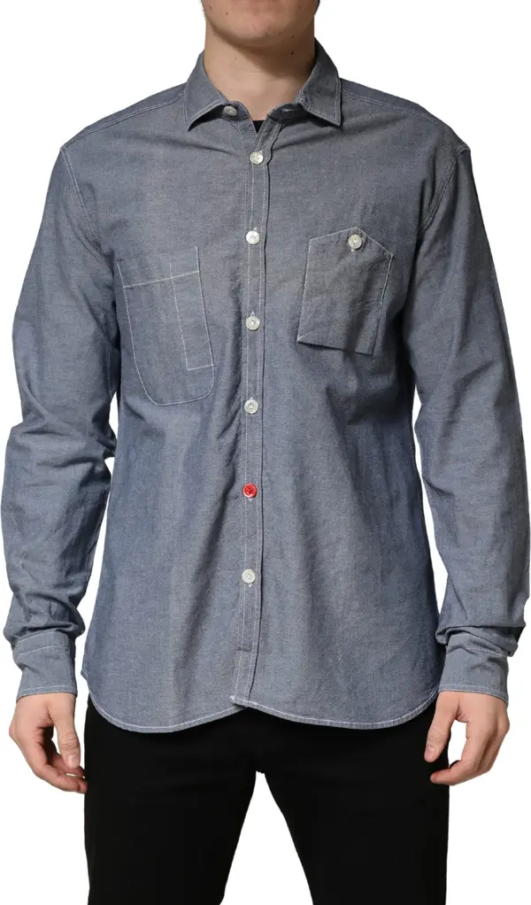 Dark Blue Slim Fit Collared Long Sleeve Denim Shirt