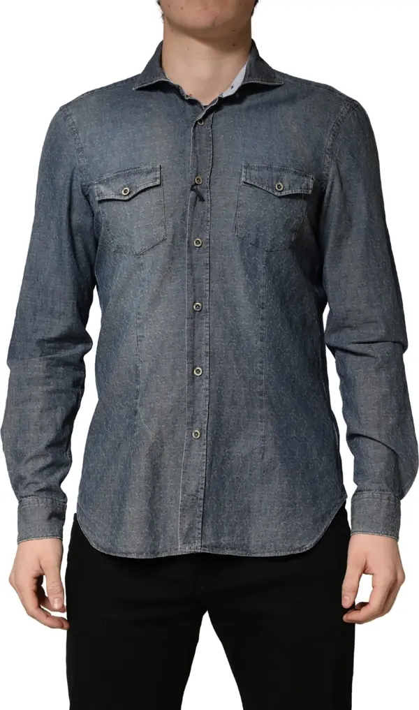DarkBlue Long Sleeve Collared Denim Shirt