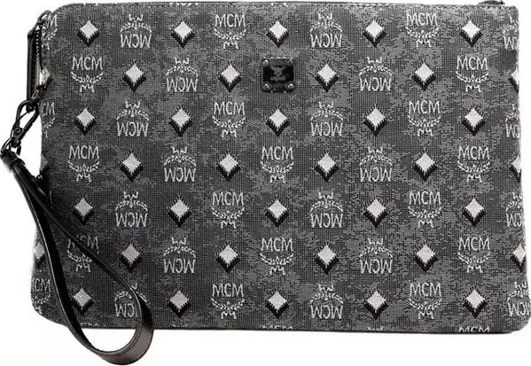 MCM Veritas Medium Dark Grey Denim Monogram Logo Canvas Clutch Pouch Handbag