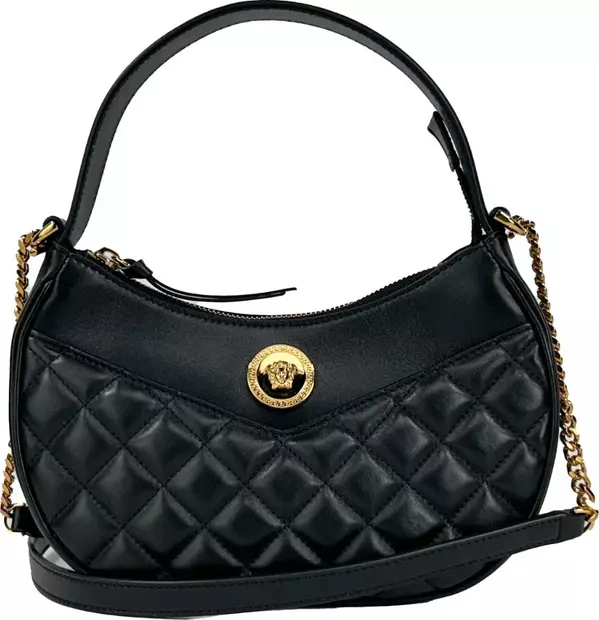 Versace Quilted Black Leather Half Moon Chain Crossbody Bag