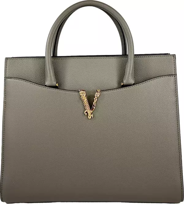Versace Virtus Large Leather Top Handle Satchel Bag Tote Gray