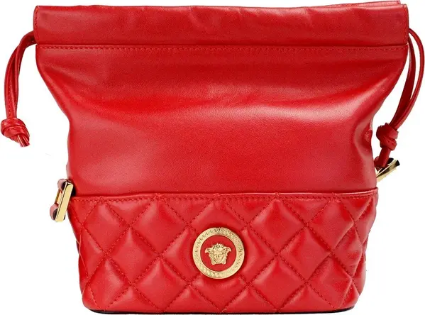 Versace Red Quilted Leather Drawstring Shoulder Bag Bucket Crossbody Handbag