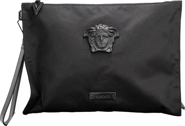 Versace Large Black Nylon Fabric Medusa Convertible Pouch Clutch Wristlet Bag