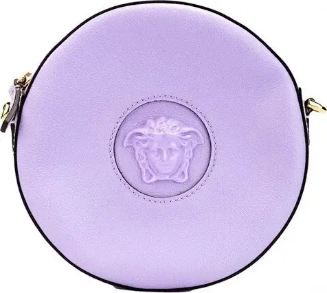 Versace Round Disco Lilac Pebbled Leather Camera Case Crossbody Bag Purse