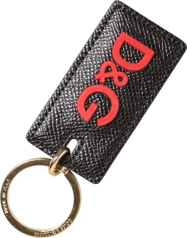 Black Calf Leather Logo Metal Ring Men Keychain Keyring