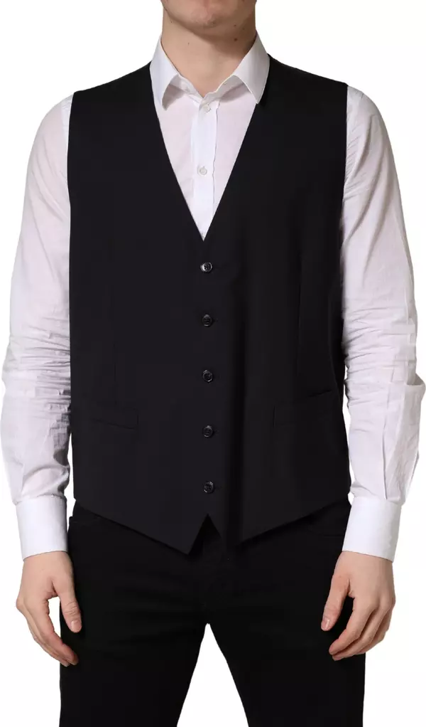 Black Wool Single Breasted Waistcoat Vest