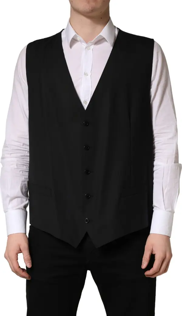 Black Wool Single Breasted Waistcoat Vest