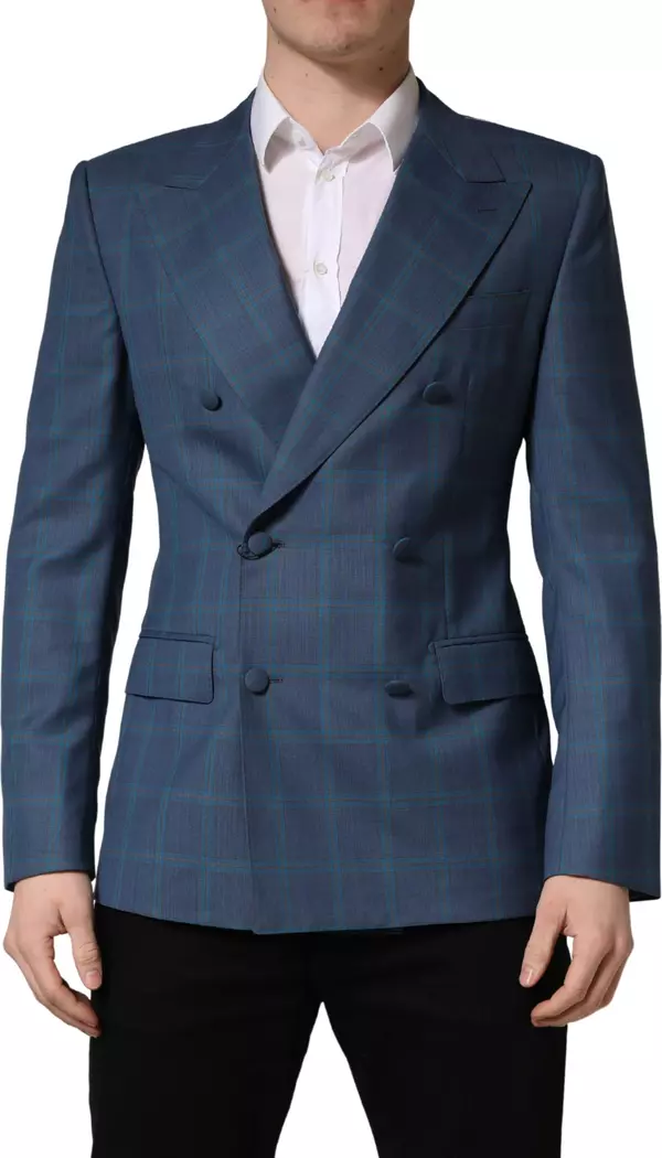 Blue Checked Double Breasted Men Suit Jacket
