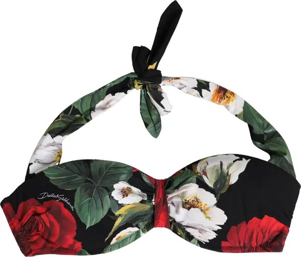 Black Floral Padded Halter Bikini Top Swimwear