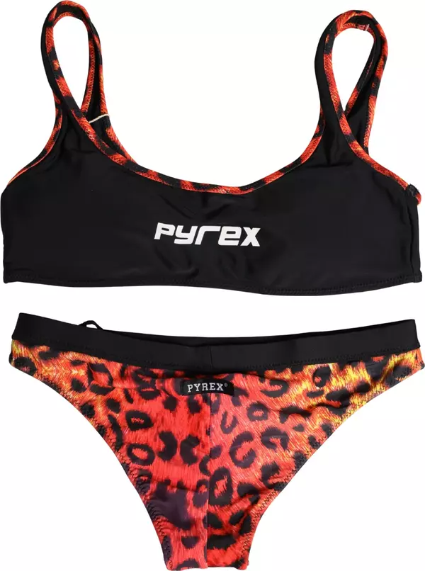 Black Top Orange Leopard Print Bottom 2 Piece Swimwear