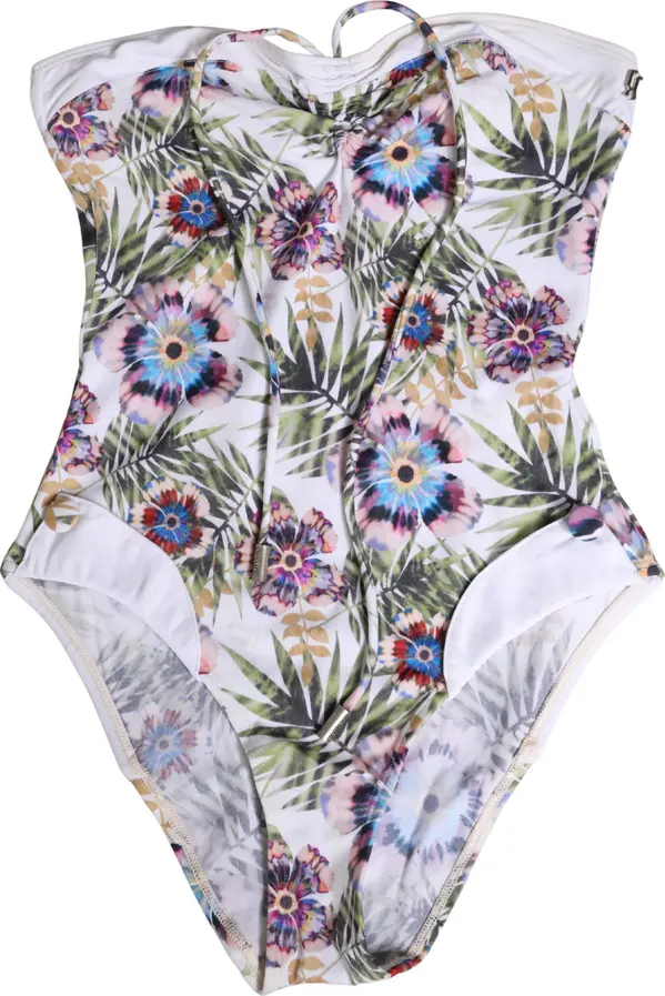 White Floral Print Strapless One-Piece Swimsuit Swimwear