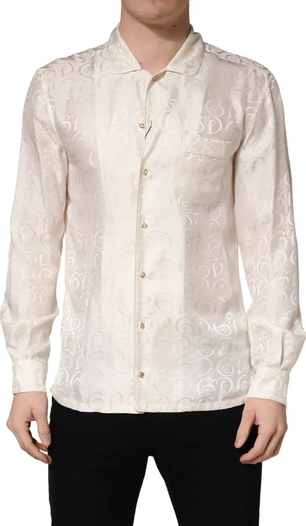 White Silk Long Sleeve Tonal Logo Print Shirt