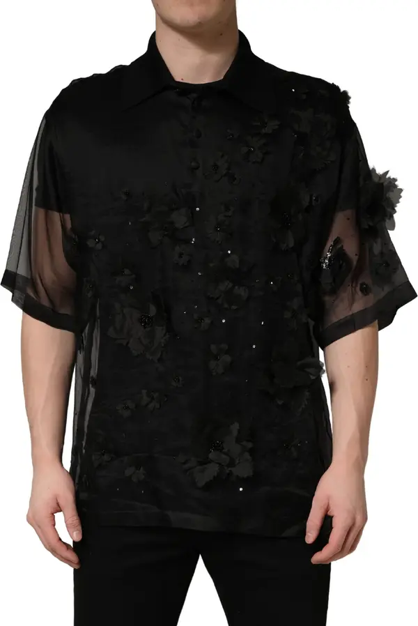 Black Floral Applique Sheer Short Sleeve Shirt
