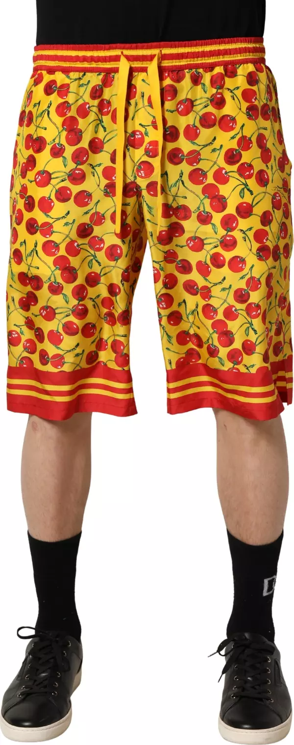 Yellow Red Cherry Print Silk Bermuda Shorts