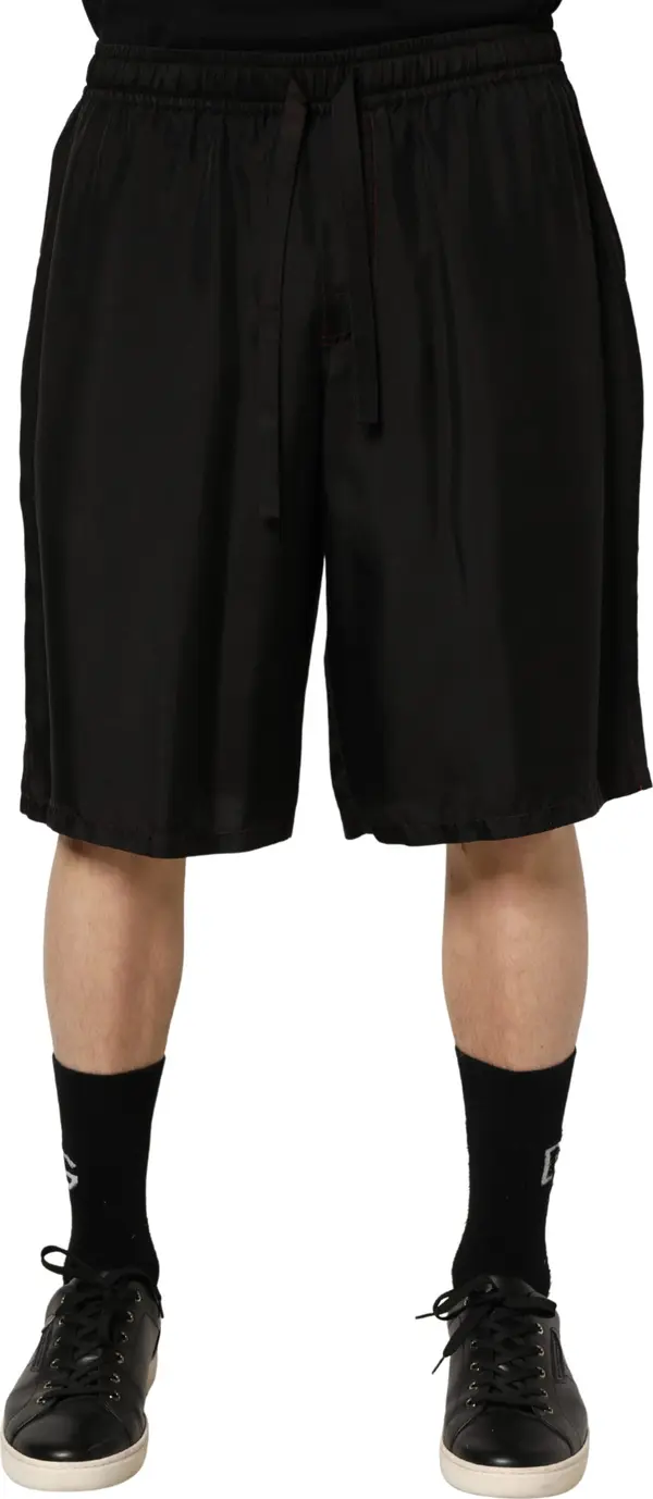 Black Silk Drawstring Men Bermuda Shorts