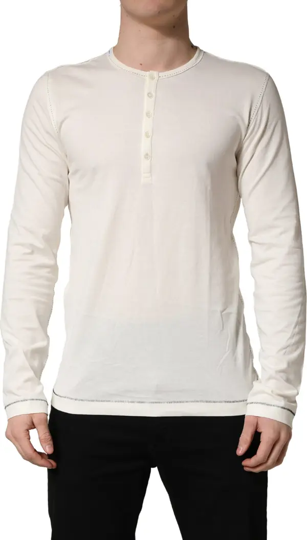 White Long Sleeves Henley Pullover Sweater