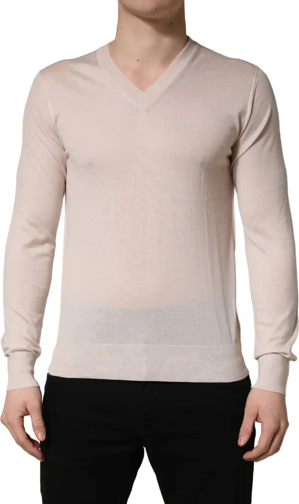 Beige Cashmere V-neck Men Pullover Sweater